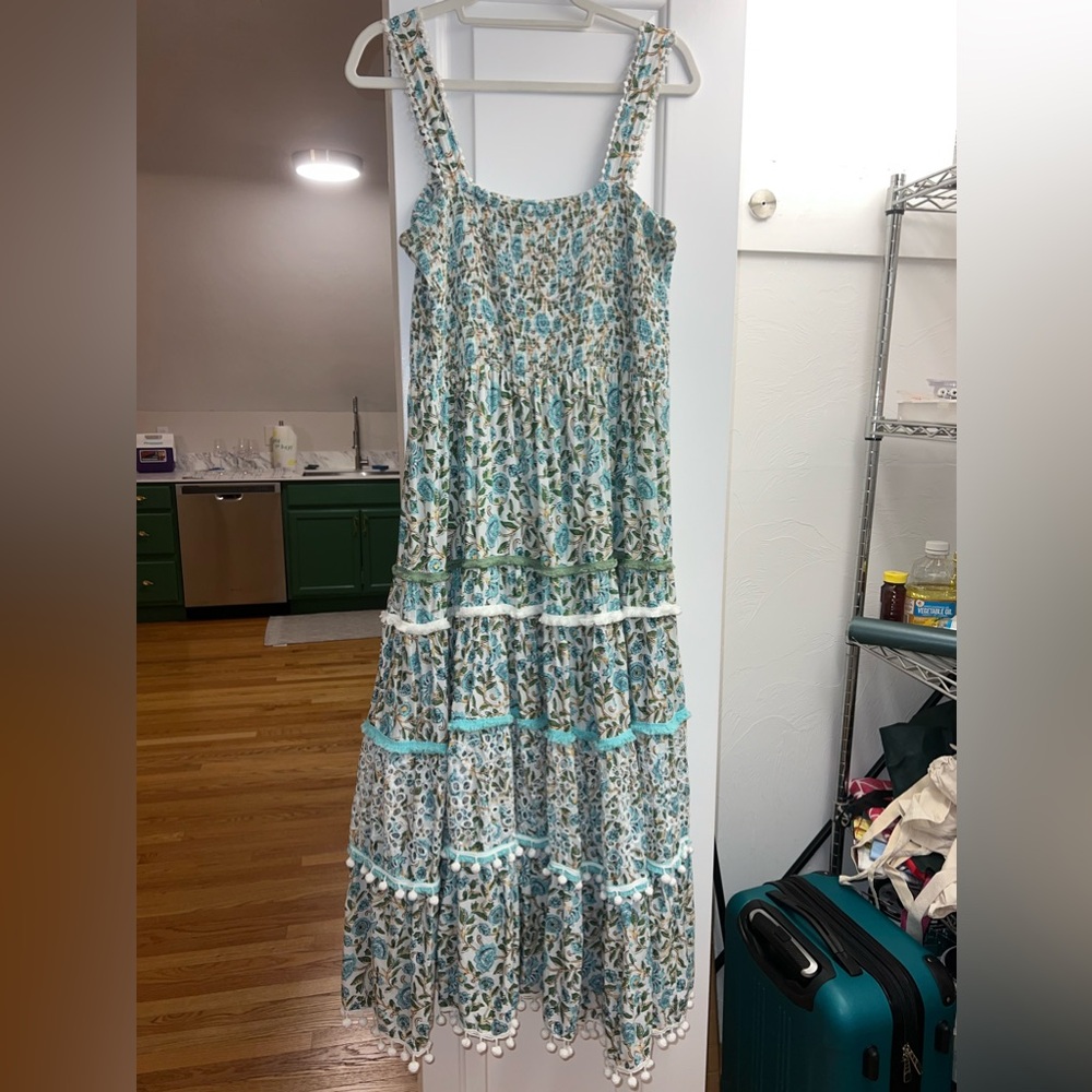 ZARA BLUE AND WHITE MAXI DRESS WITH POMPOM BOTTOM